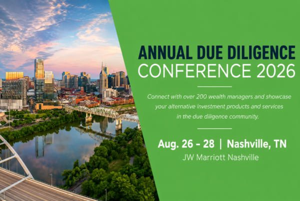 Promotional banner for the Annual Due Diligence Conference 2026 with the Nashville skyline on the left and green panel on the right listing dates and venue.