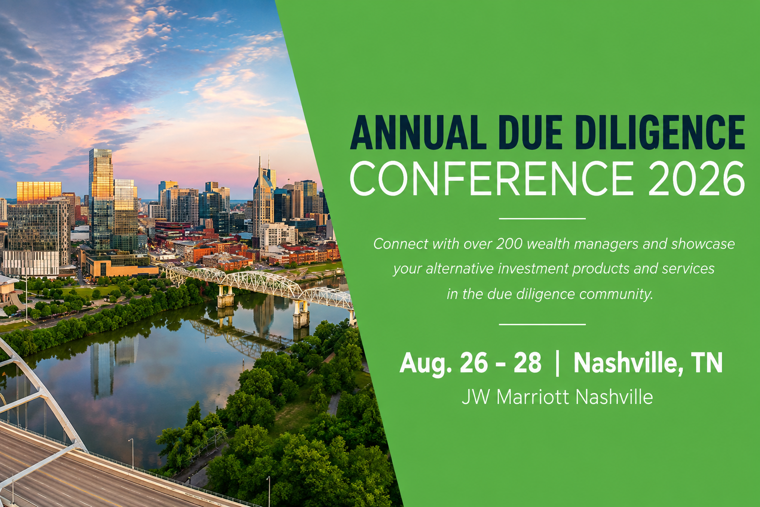 ChatGPT Image Aug 21 2026 08_54_10 AM - Passco Companies Promotional banner for the Annual Due Diligence Conference 2026 with the Nashville skyline on the left and green panel on the right listing dates and venue.