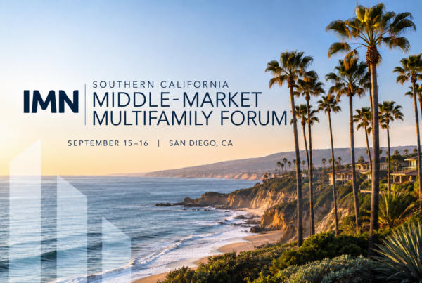 Event banner for IMN Southern California Middle-Market Multifamily Forum in San Diego, Sep 15–16 beside a coastal palm-tree scene.