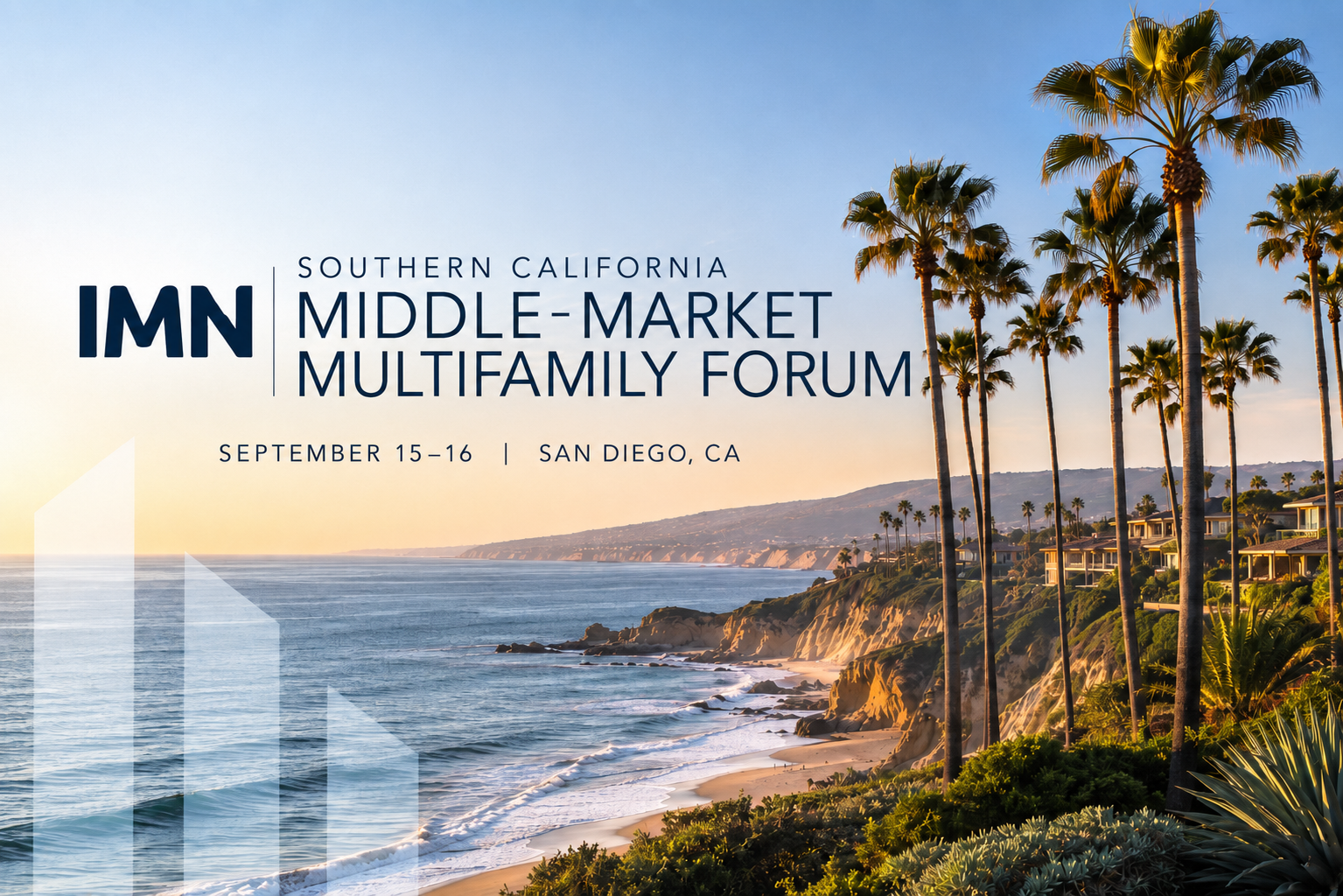 IMN 2027 - Passco Companies Event banner for IMN Southern California Middle-Market Multifamily Forum in San Diego, Sep 15–16 beside a coastal palm-tree scene.