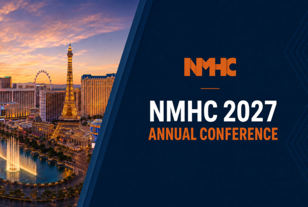 Las Vegas skyline at sunset with the Eiffel Tower replica and fountain, beside a dark blue panel announcing NMHC 2027 Annual Conference vs. the city.