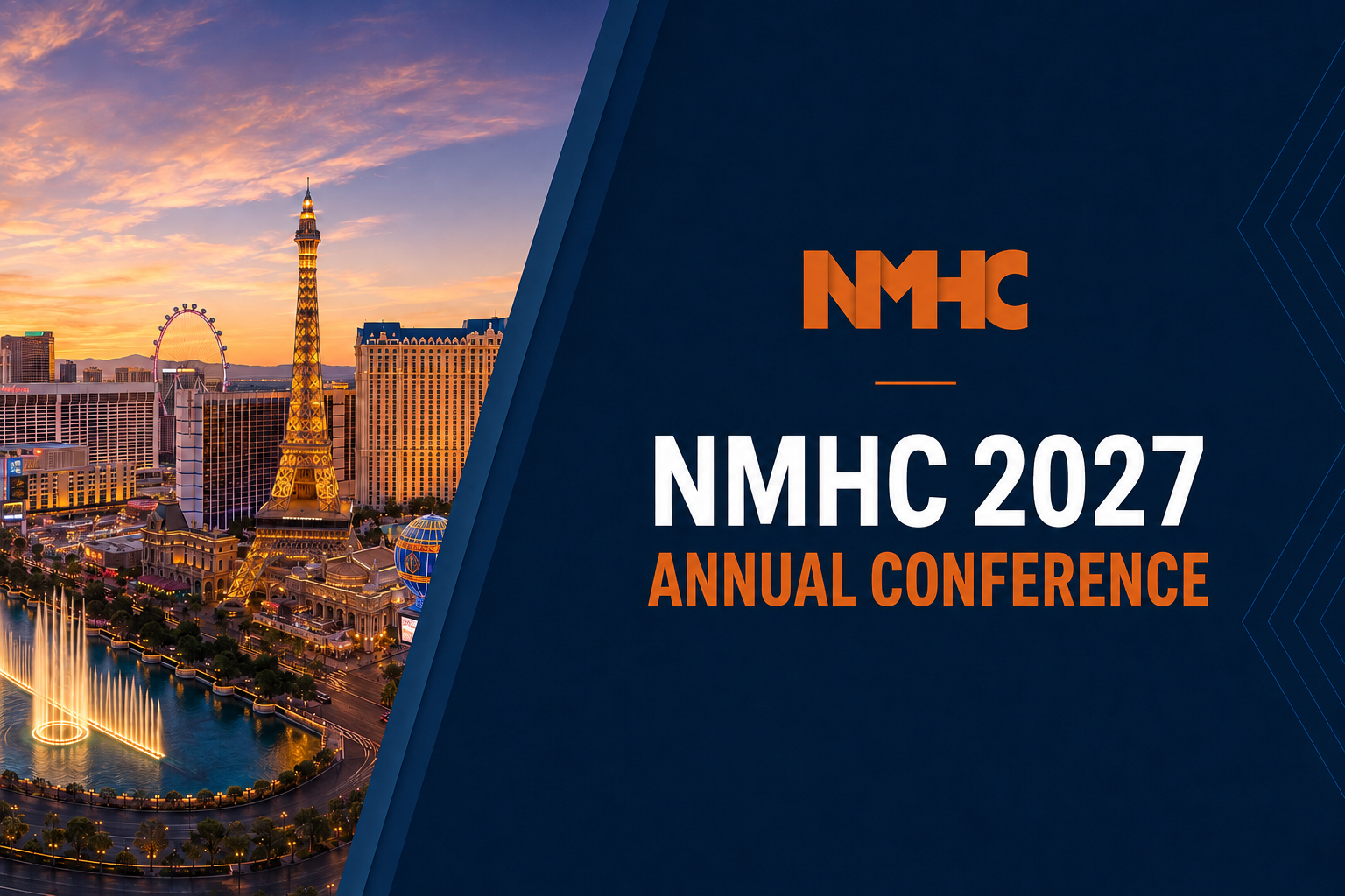 NMHC 2027 - Passco Companies Las Vegas skyline at sunset with the Eiffel Tower replica and fountain, beside a dark blue panel announcing NMHC 2027 Annual Conference vs. the city.