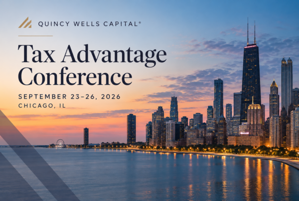 Banner for Quincy Wells Capital Tax Advantage Conference: Chicago skyline at sunset, dates Sept 23–26, 2026, Chicago, IL (informational).