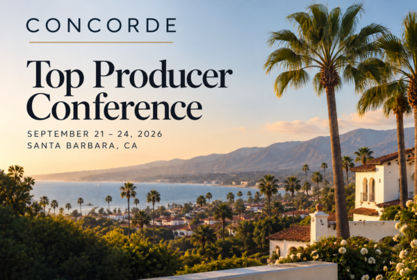 Concorde Top Producer Conference banner with sunset coastal view, palm trees, and text: September 21–24, 2026, Santa Barbara, CA.