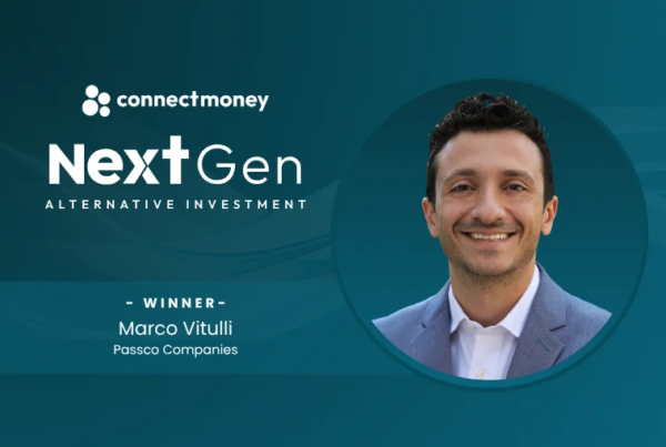 Award banner showing Marco Vitulli as NEXTGEN winner for Passco Companies, with the ConnectMoney logo and a circular portrait on a teal background.