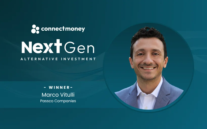 Award banner showing Marco Vitulli as NEXTGEN winner for Passco Companies, with the ConnectMoney logo and a circular portrait on a teal background.